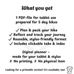 Text describing a digital hiking planner for tablets with features and benefits.