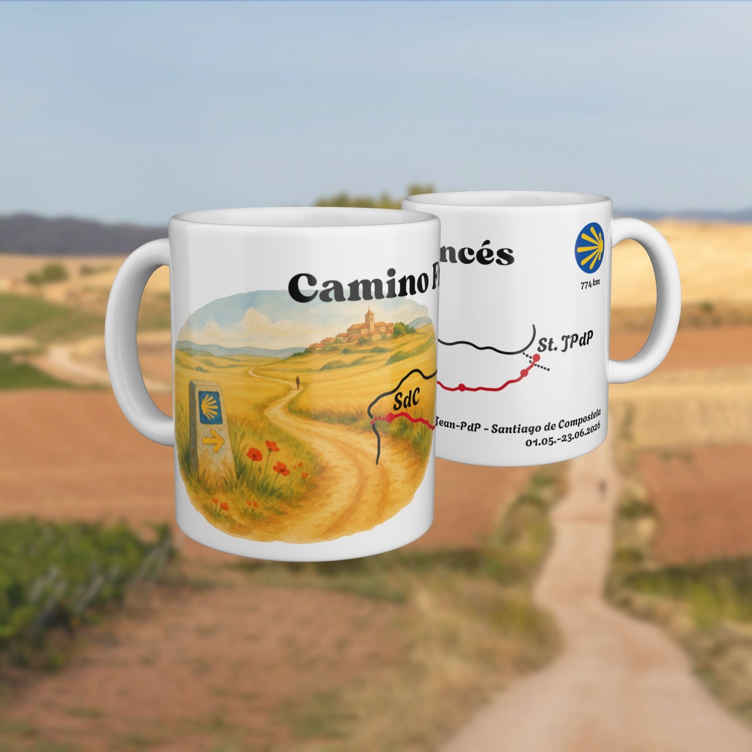 White mug with a watercolour map of the Camino Frances, shown from two sides.