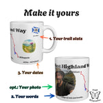 Two West Highland Way mugs with numbered arrows showing what you can personalise: trail stats, your own words, your dates.