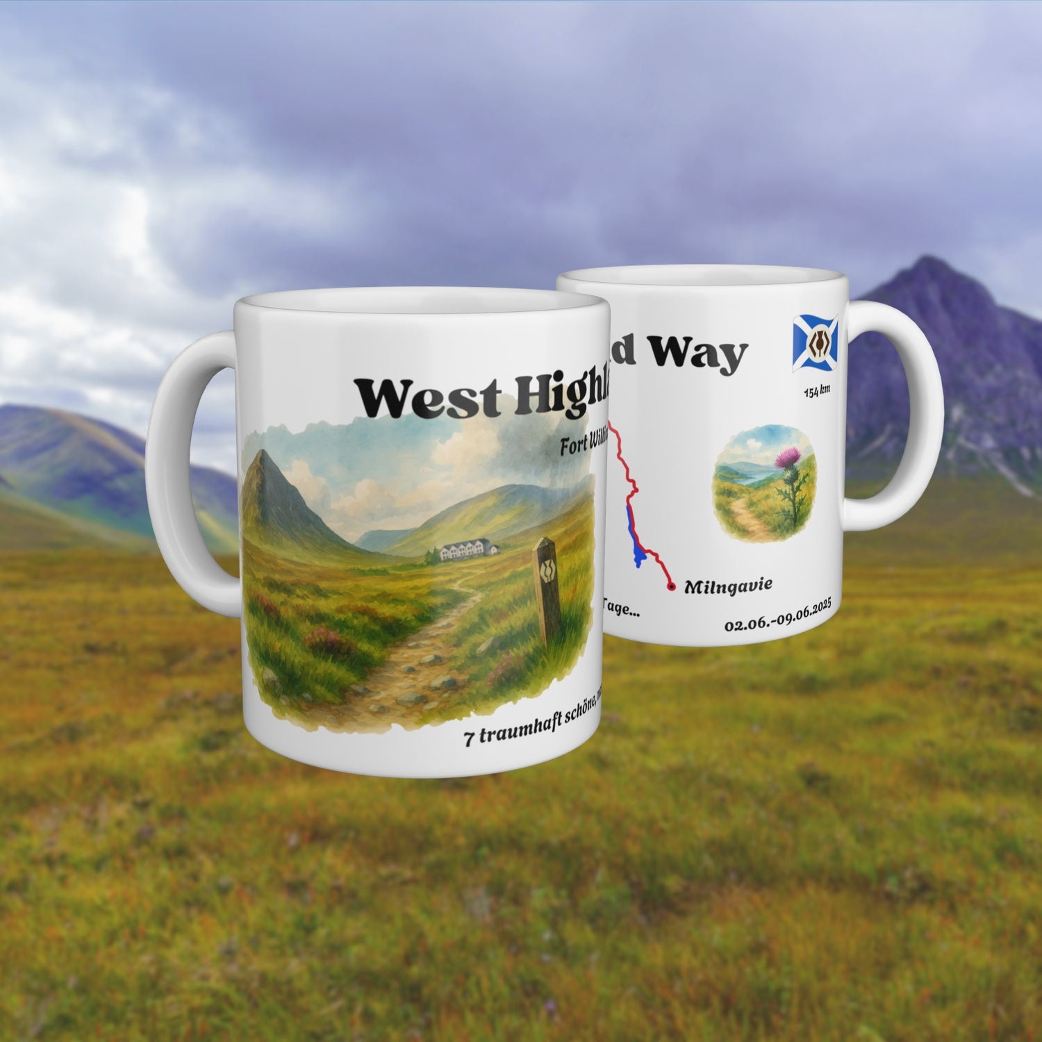 White mug with a watercolour map of the West Highland Way, shown from two sides.
