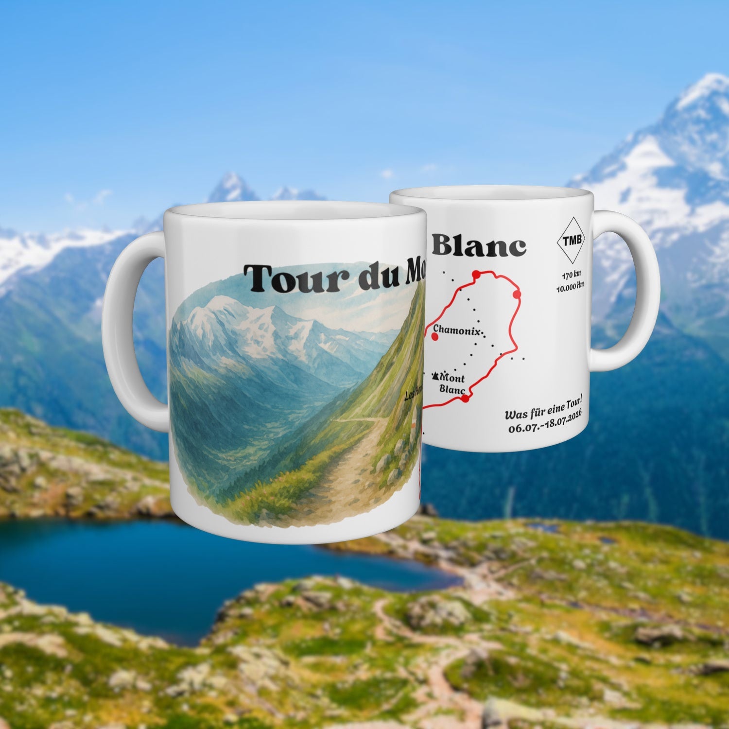 White mug with a watercolour map of the Tour du Mont Blanc, shown from two sides.