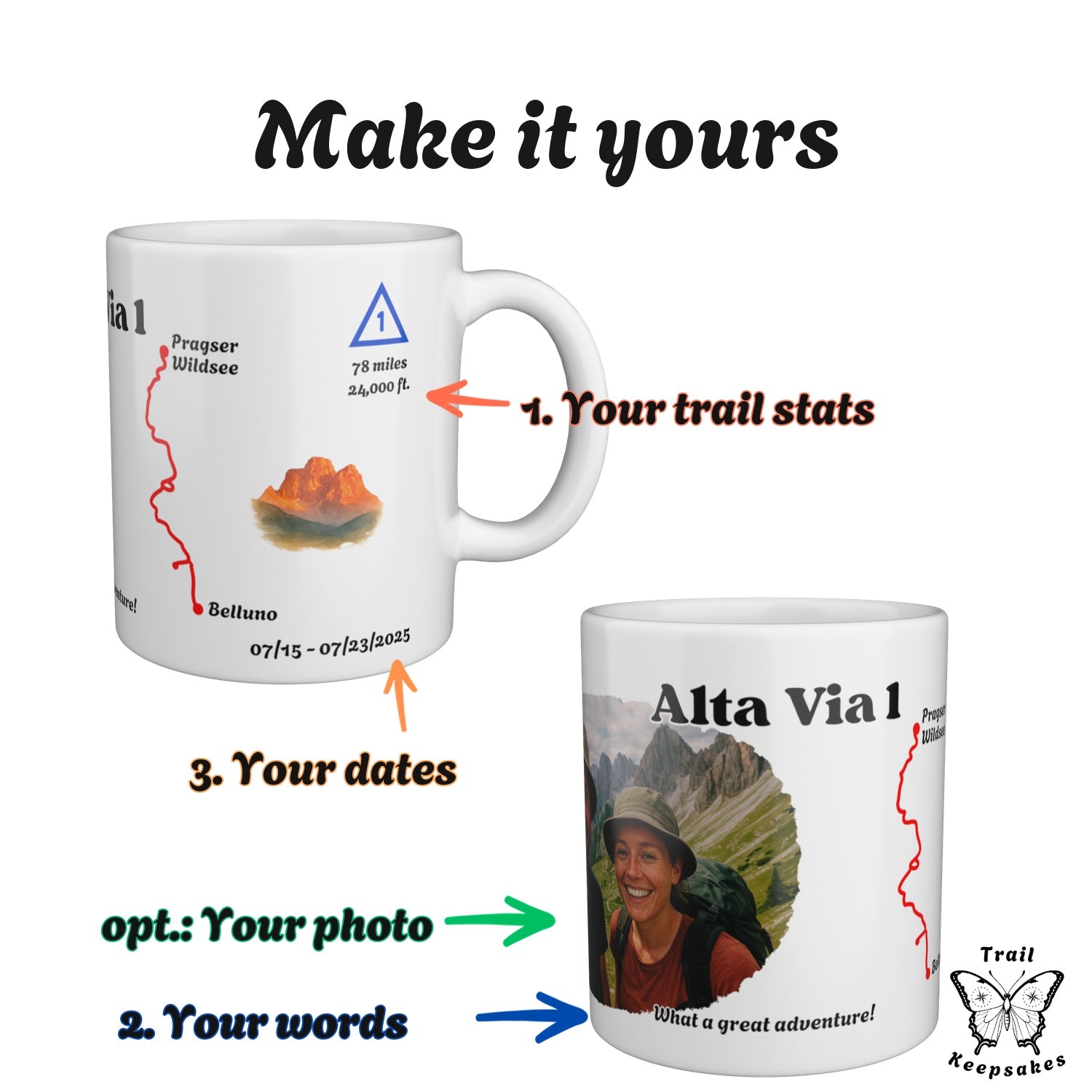 Two Alta Via 1 mugs with numbered arrows showing what you can personalise: trail stats, your own words, your dates.