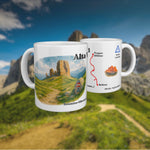 White mug with a watercolour map of the Alta Via 1, shown from two sides.