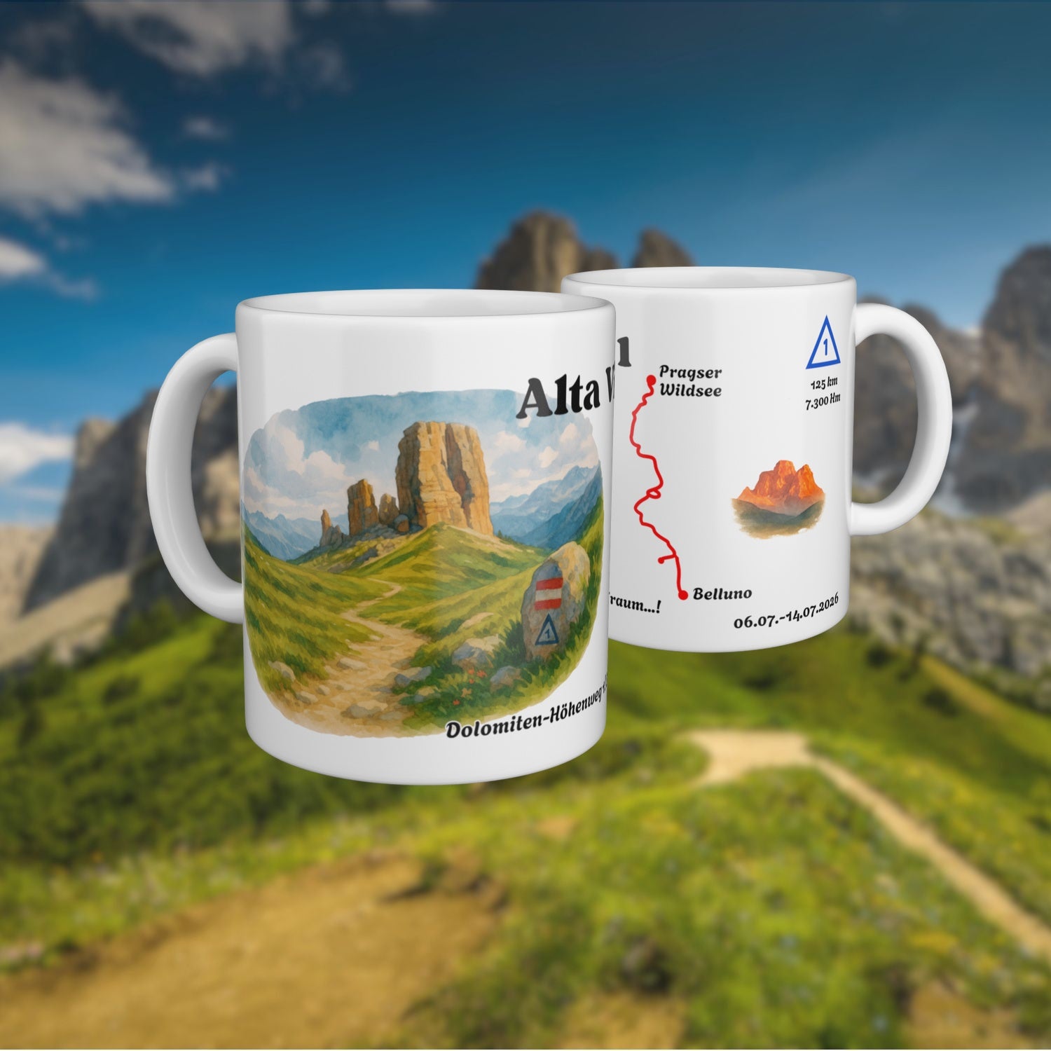 White mug with a watercolour map of the Alta Via 1, shown from two sides.
