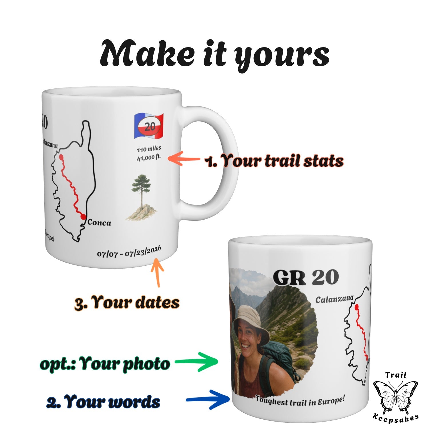Two GR 20 mugs with numbered arrows showing what you can personalise: trail stats, your own words, your dates.
