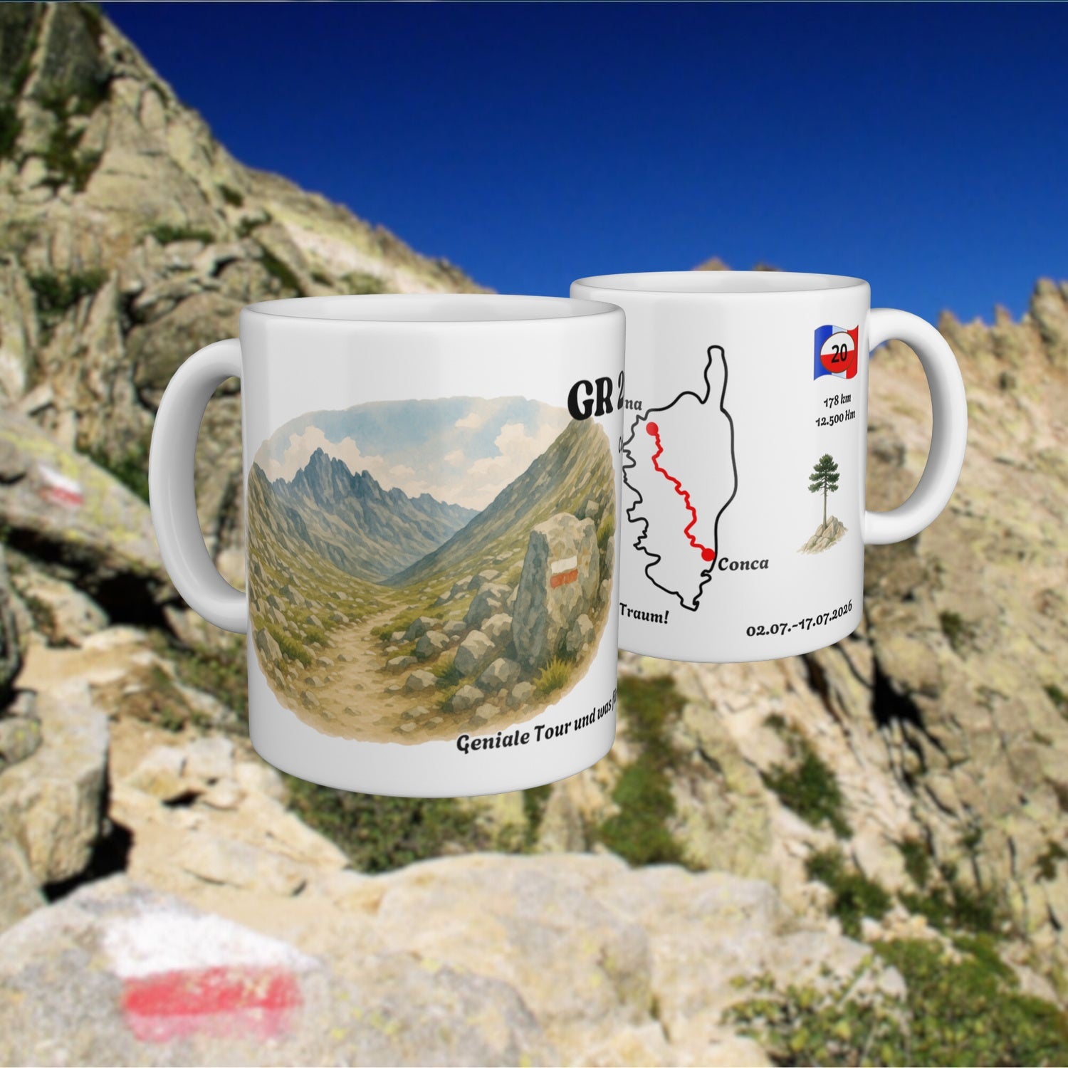 White mug with a watercolour map of the GR 20, shown from two sides.