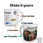 Two Camino Portugues mugs with numbered arrows showing what you can personalise: trail stats, your own words, your dates.