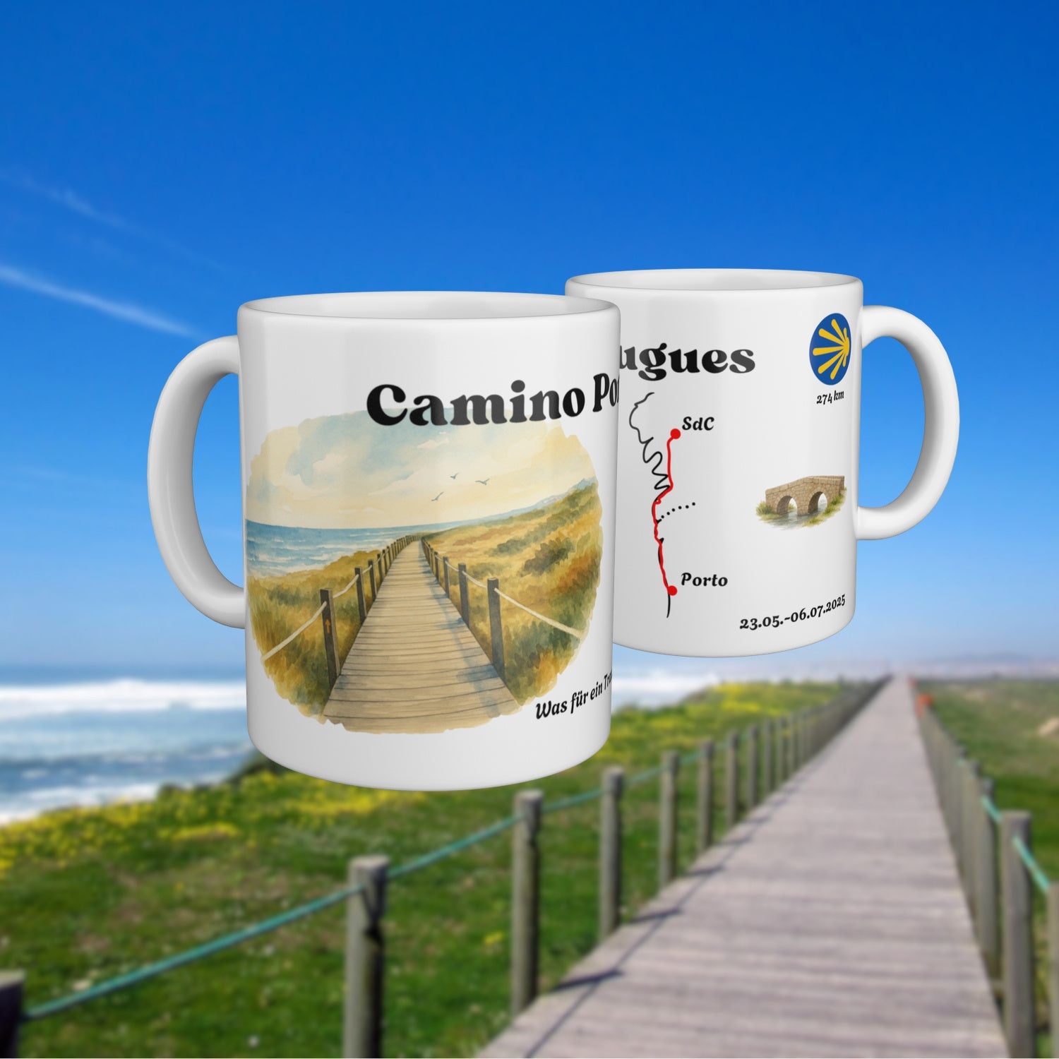 White mug with a watercolour map of the Camino Portugues, shown from two sides.