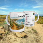 White mug with a watercolour map of the Rota Vicentina, shown from two sides.