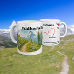 White mug with a watercolour map of the Walker's Haute Route, shown from two sides.