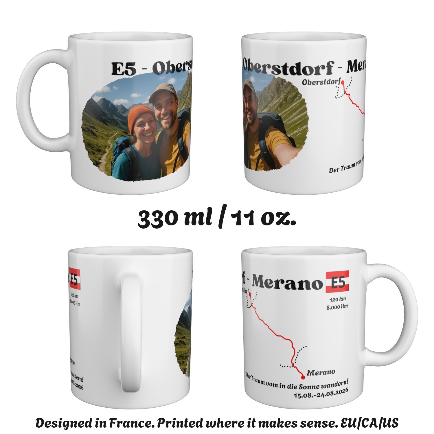 The E5 Oberstdorf - Meran mug seen from four sides, 330 ml / 11 oz.