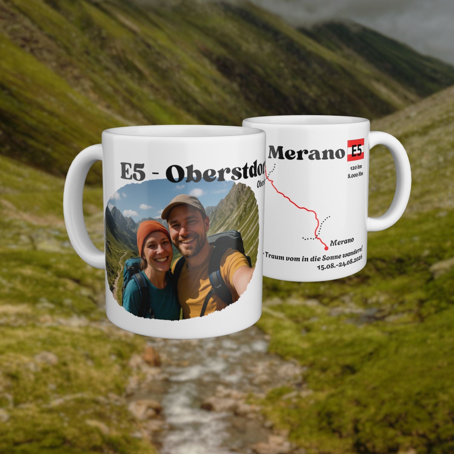 White mug for the E5 Oberstdorf - Meran with a personal photo and route map, shown from two sides.