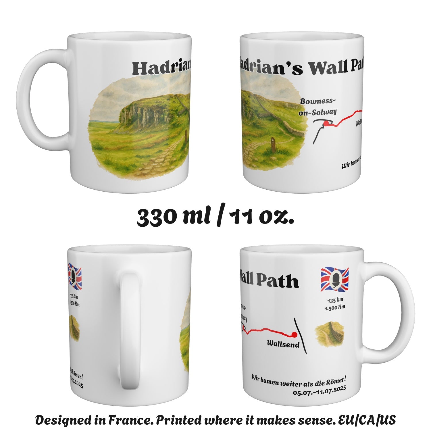 The Hadrian's Wall Path mug seen from four sides, 330 ml / 11 oz.