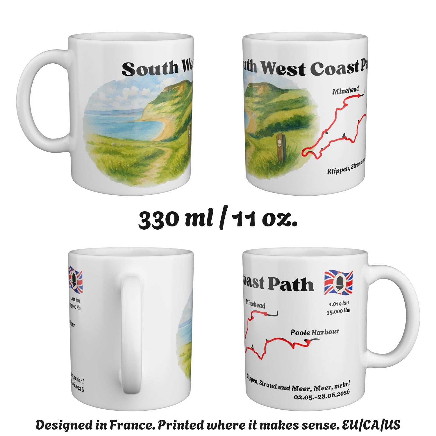 The South West Coast Path mug seen from four sides, 330 ml / 11 oz.