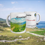 White mug with a watercolour map of the Camino del Norte, shown from two sides.