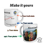 Two Camino Primitivo mugs with numbered arrows showing what you can personalise: trail stats, your own words, your dates.
