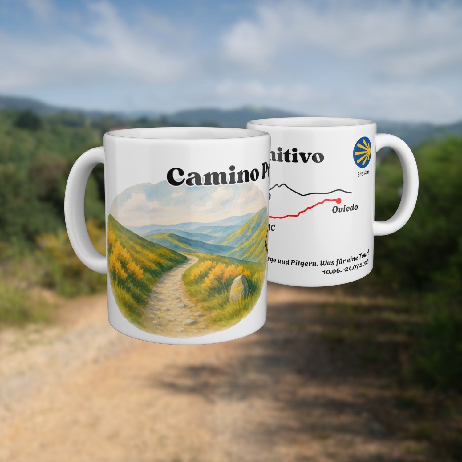 White mug with a watercolour map of the Camino Primitivo, shown from two sides.