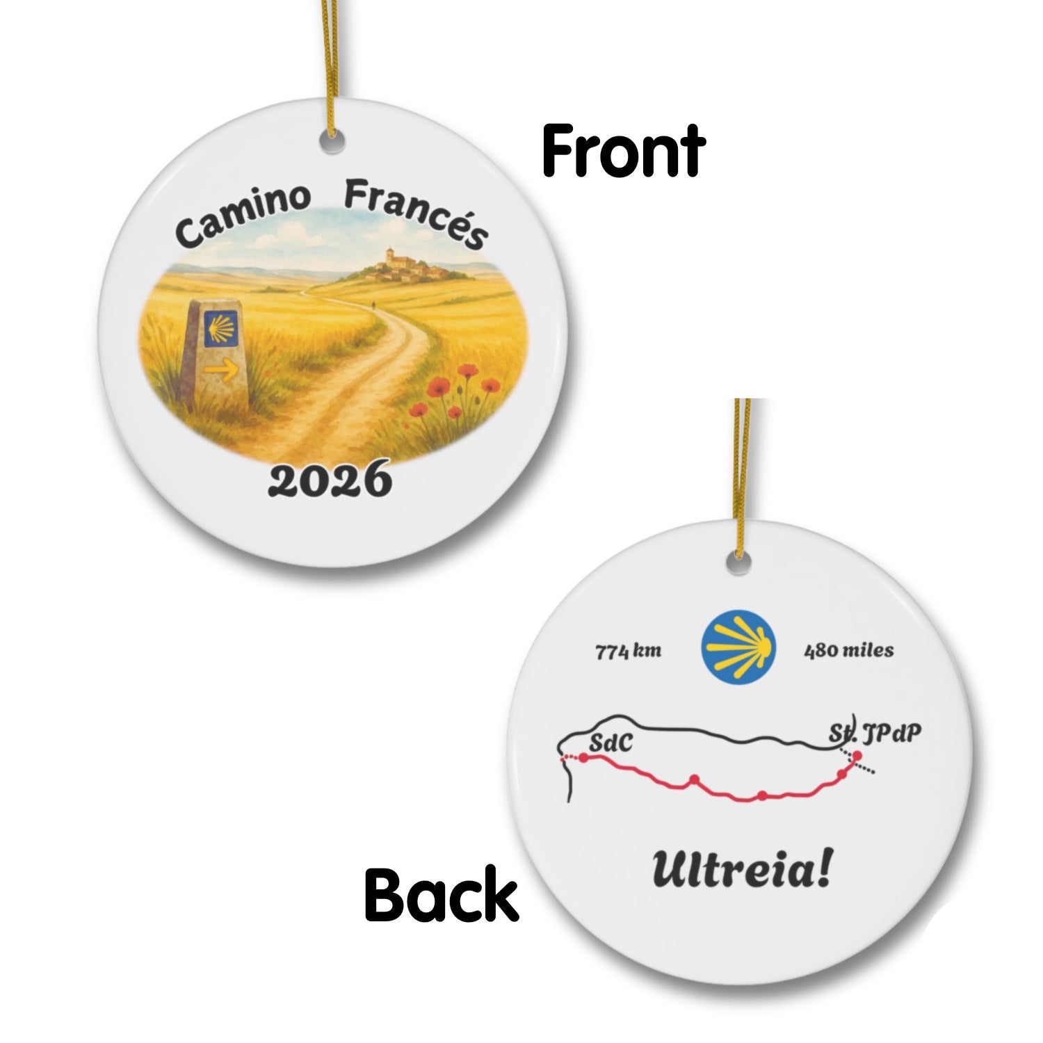 Camino Frances ornament mockup (front & back), 2026.