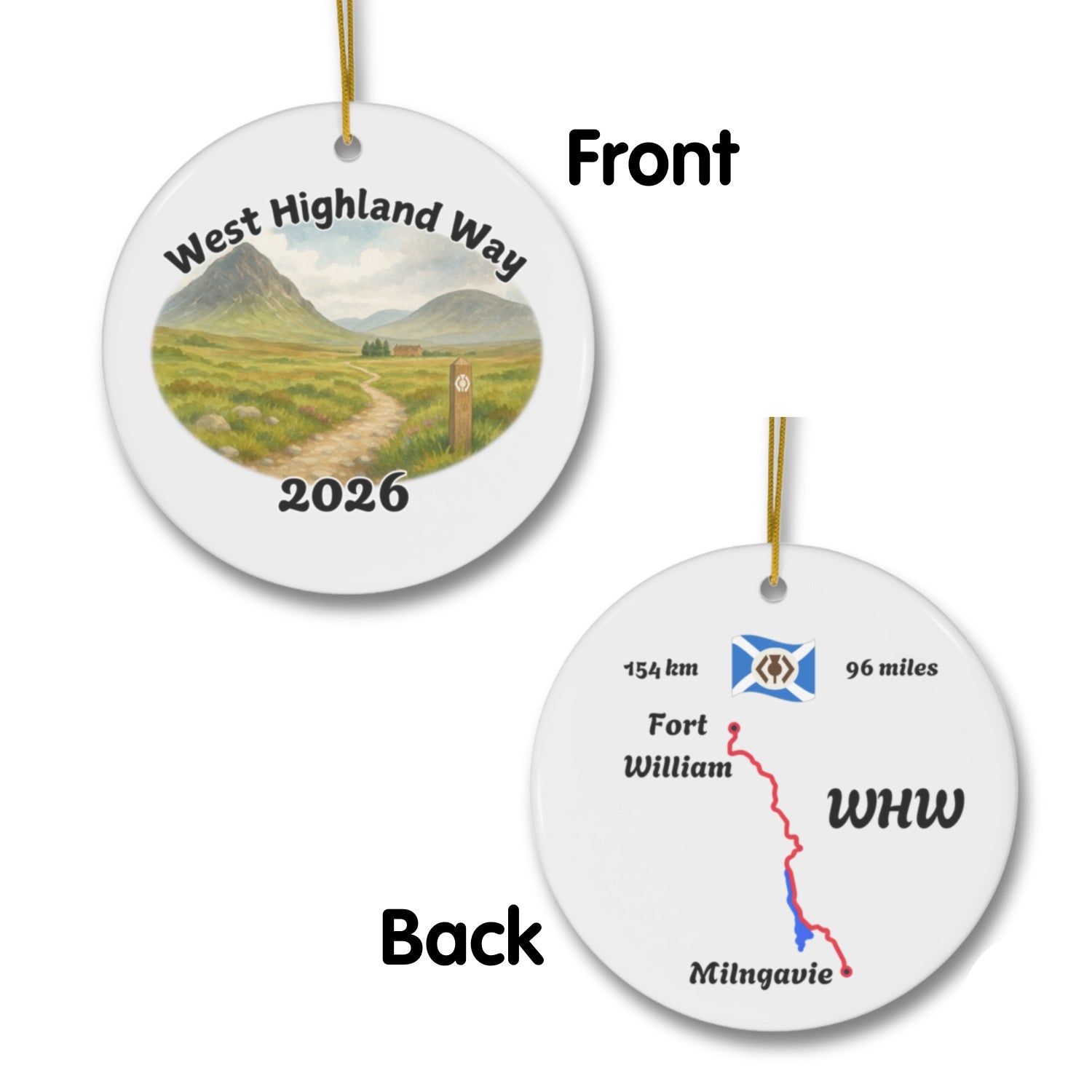 West Highland Way ornament mockup (front & back), 2026.