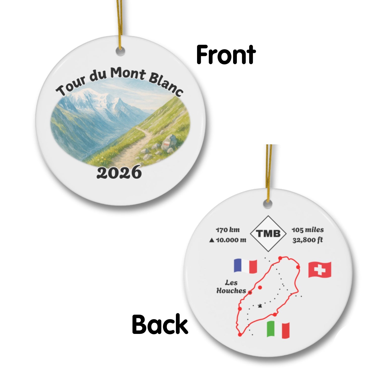 Tour du Mont Blanc ornament mockup (front & back), 2026.