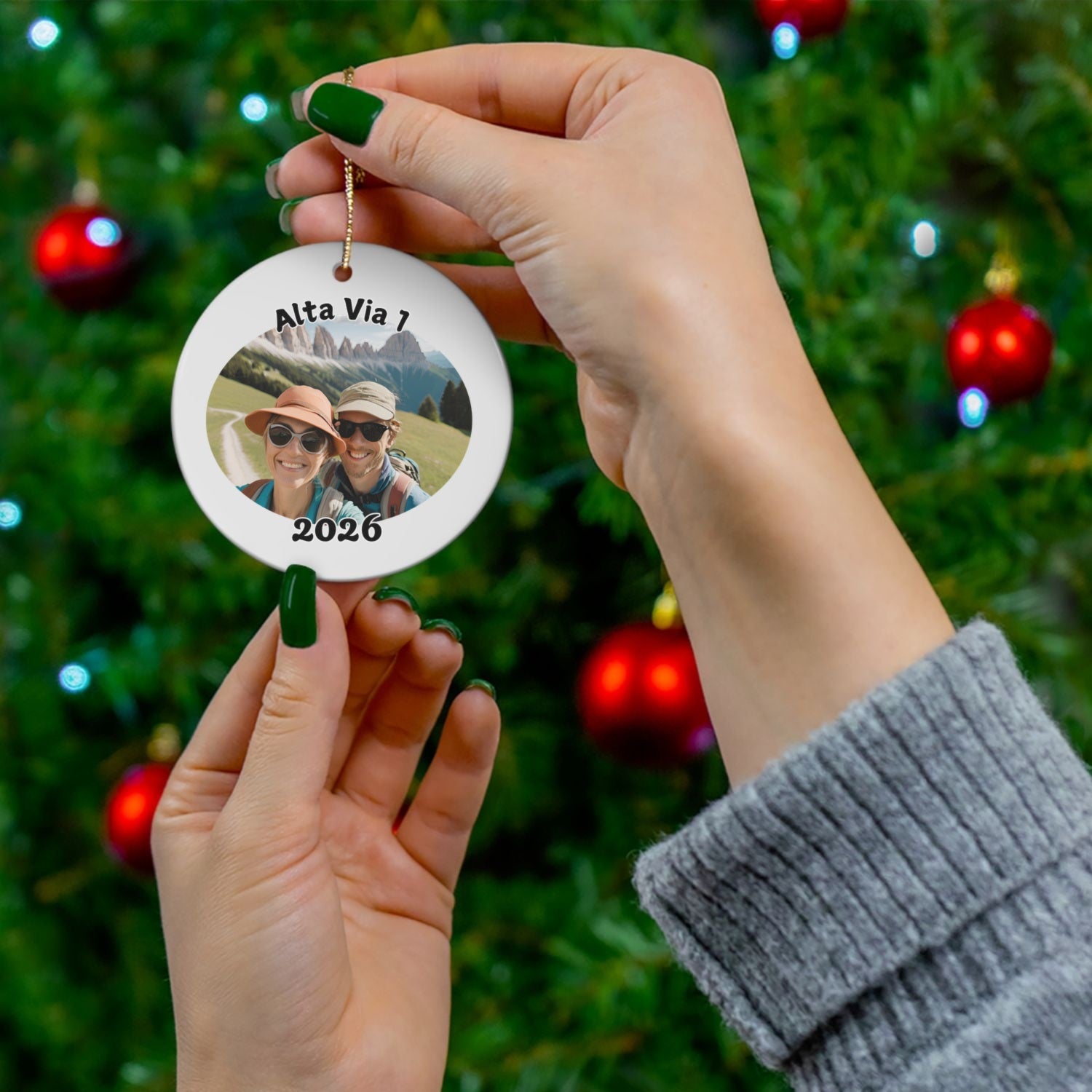 Alta Via 1 photo ornament shown in front of Christmas tree.