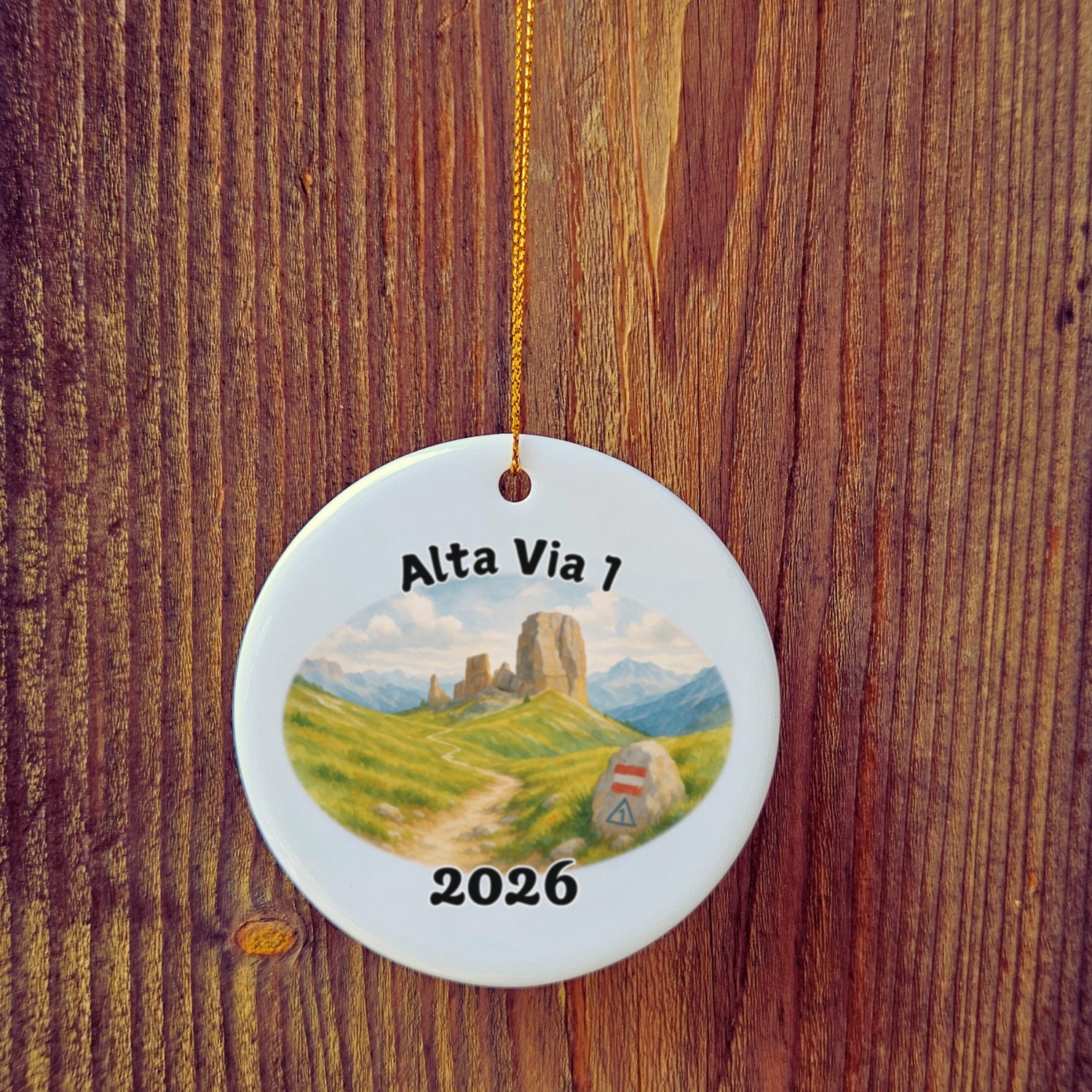 Basic version of Alta Via 1 ornament in front of wooden door.