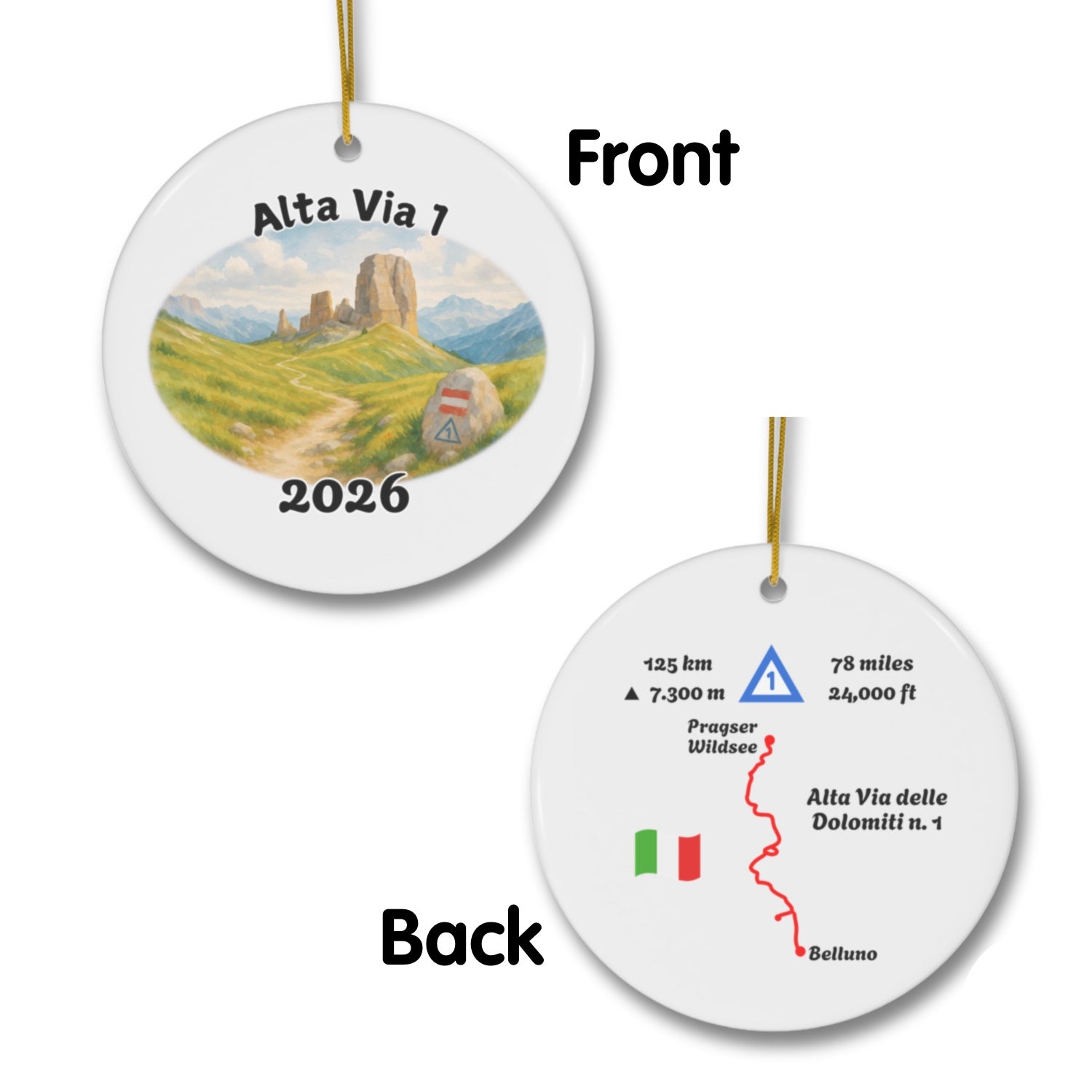 Alta Via 1 ornament mockup (front & back), 2026.