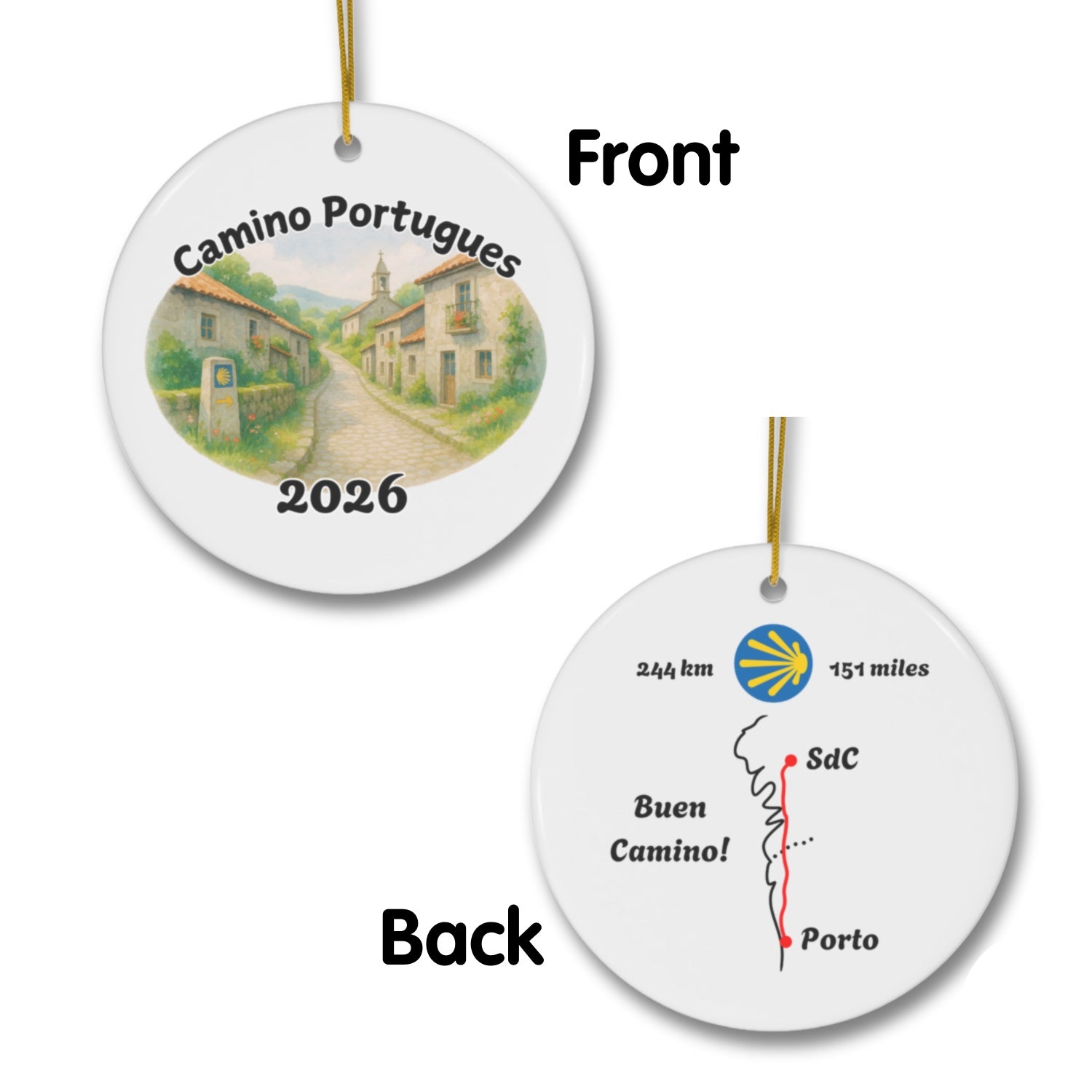 Camino Portugues ornament mockup (front & back), 2026.