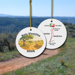 Rota Vicentina ceramic ornament, Caminho Historico variation, with watercolor landscape shown front and back.