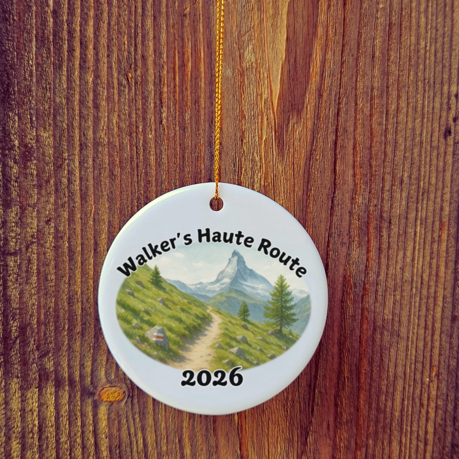 Basic version of Walker's Haute Route ornament in front of wooden door.