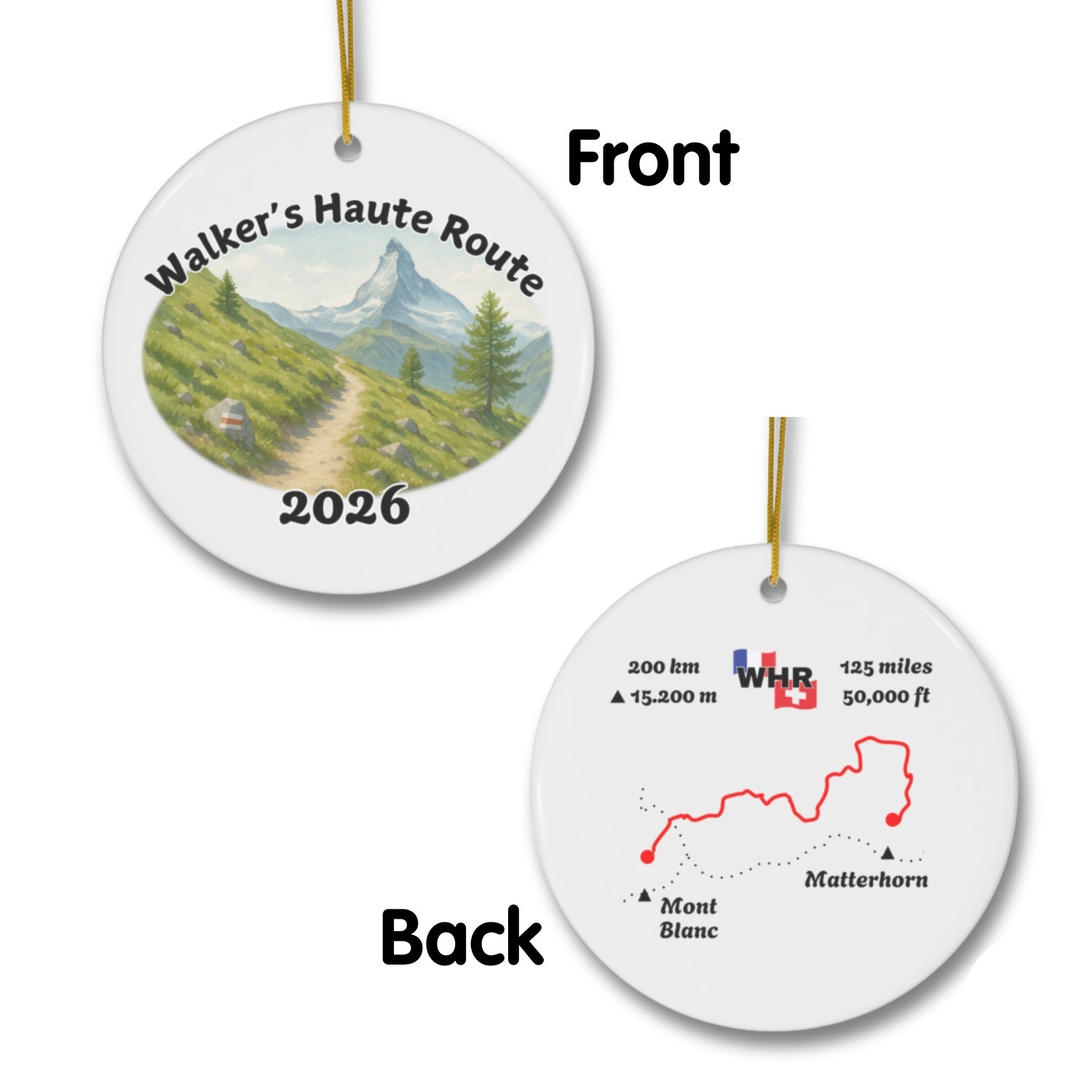Walker's Haute Route ornament mockup (front & back), 2026.