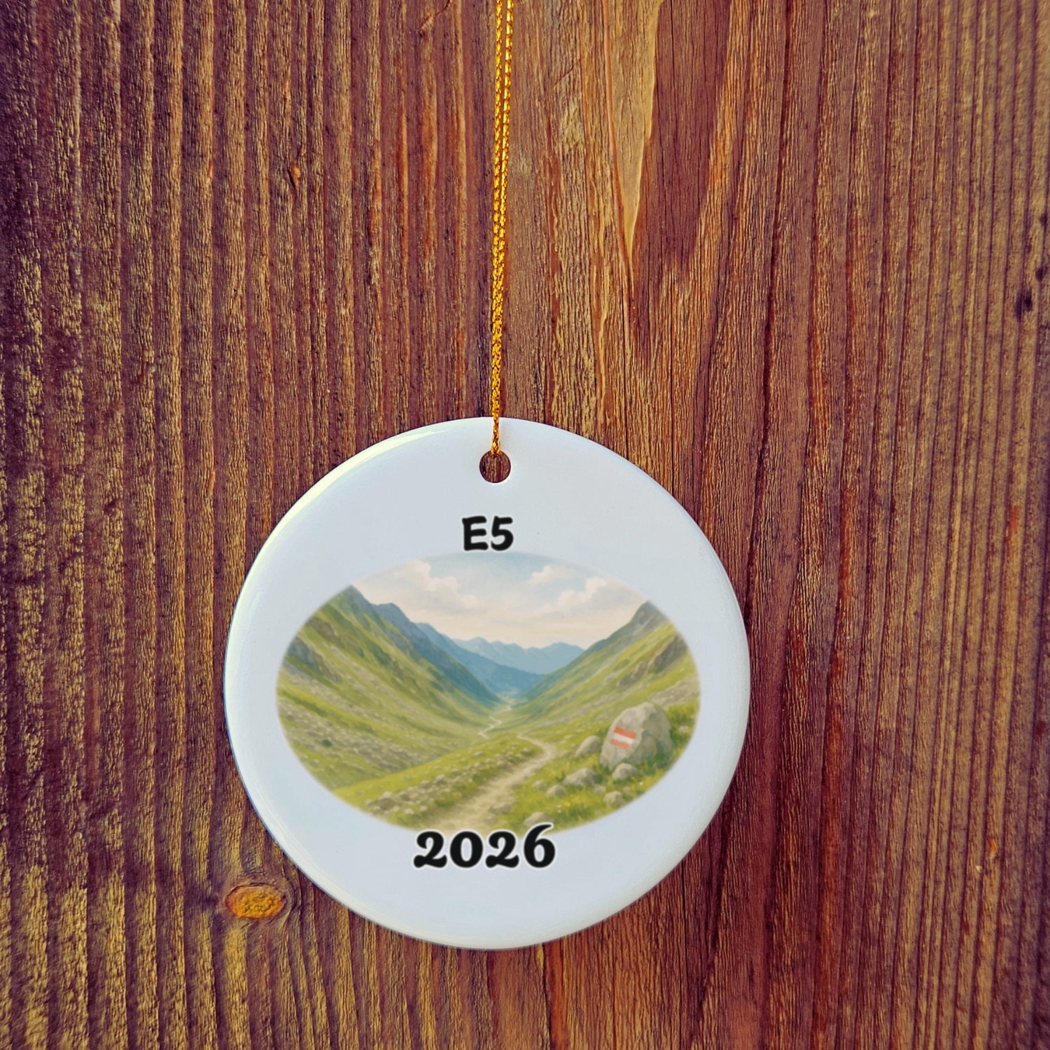 Basic version of E5 Oberstdorf - Meran ornament in front of wooden door.