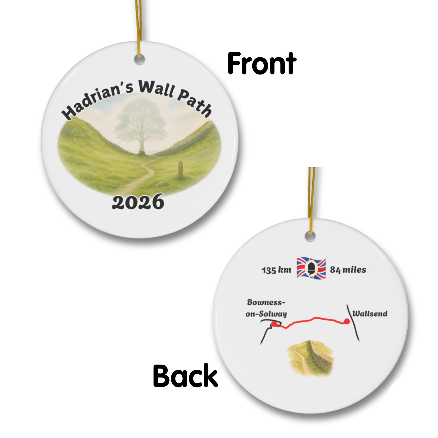 Hadrian's Wall Path ornament mockup (front & back), 2026.