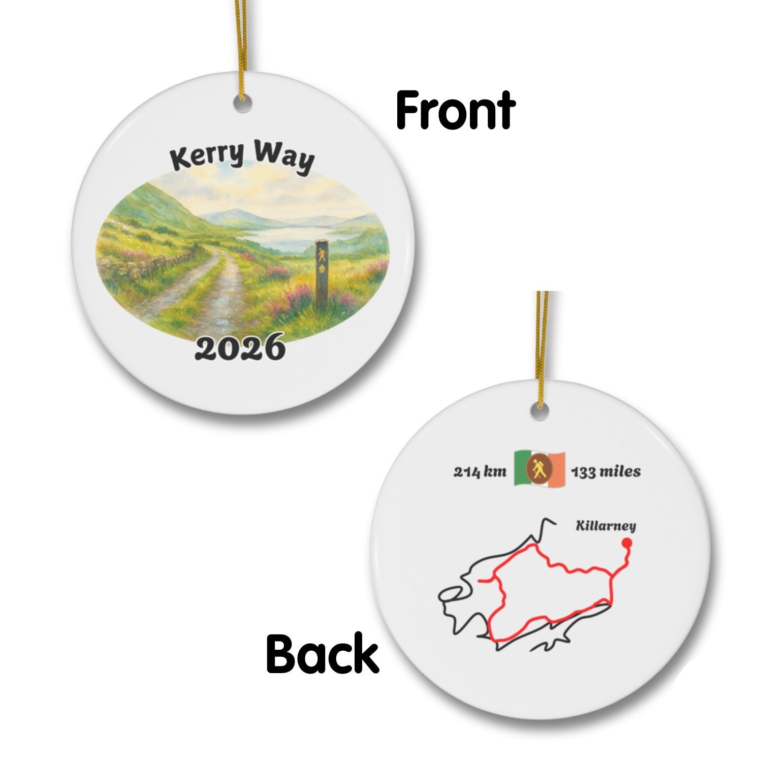 The Kerry Way ornament mockup (front & back), 2026.