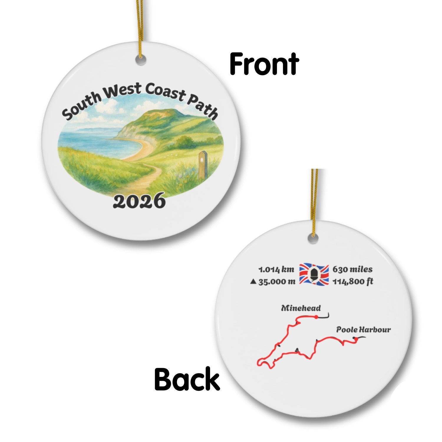 South West Coast Path ornament mockup (front & back), 2026.