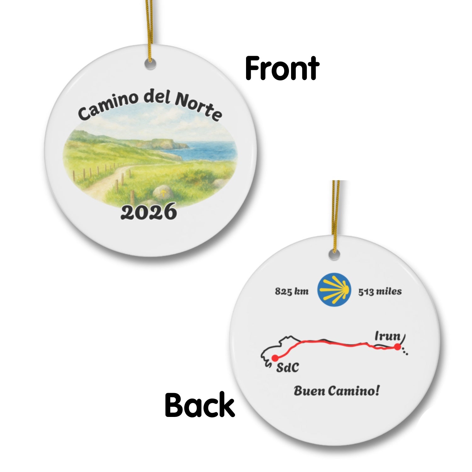 Camino del Norte ornament mockup (front & back), 2026.