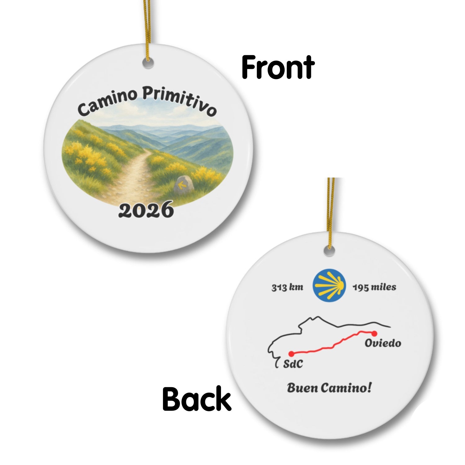 Camino Primitivo ornament mockup (front & back), 2026.