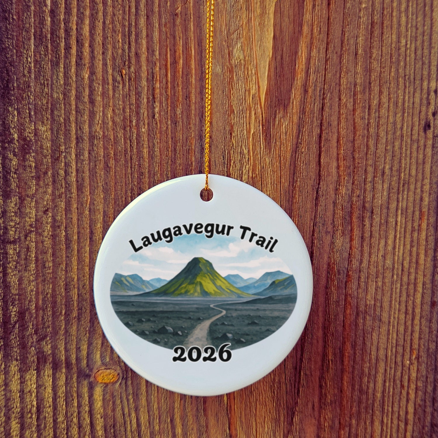Basic version of Laugavegur Trail ornament in front of wooden door.