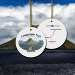 Laugavegur Trail ceramic ornament with watercolor landscape shown front and back in front of trail landscape.