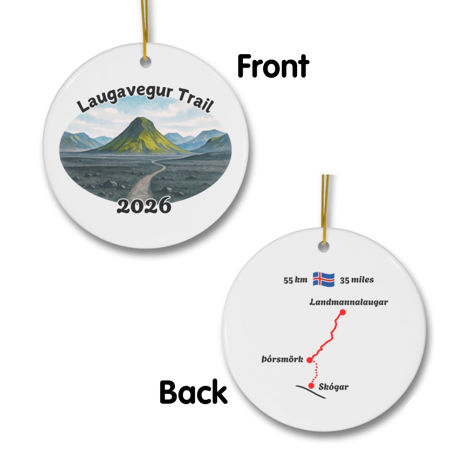 Laugavegur Trail ornament mockup (front & back), 2026.