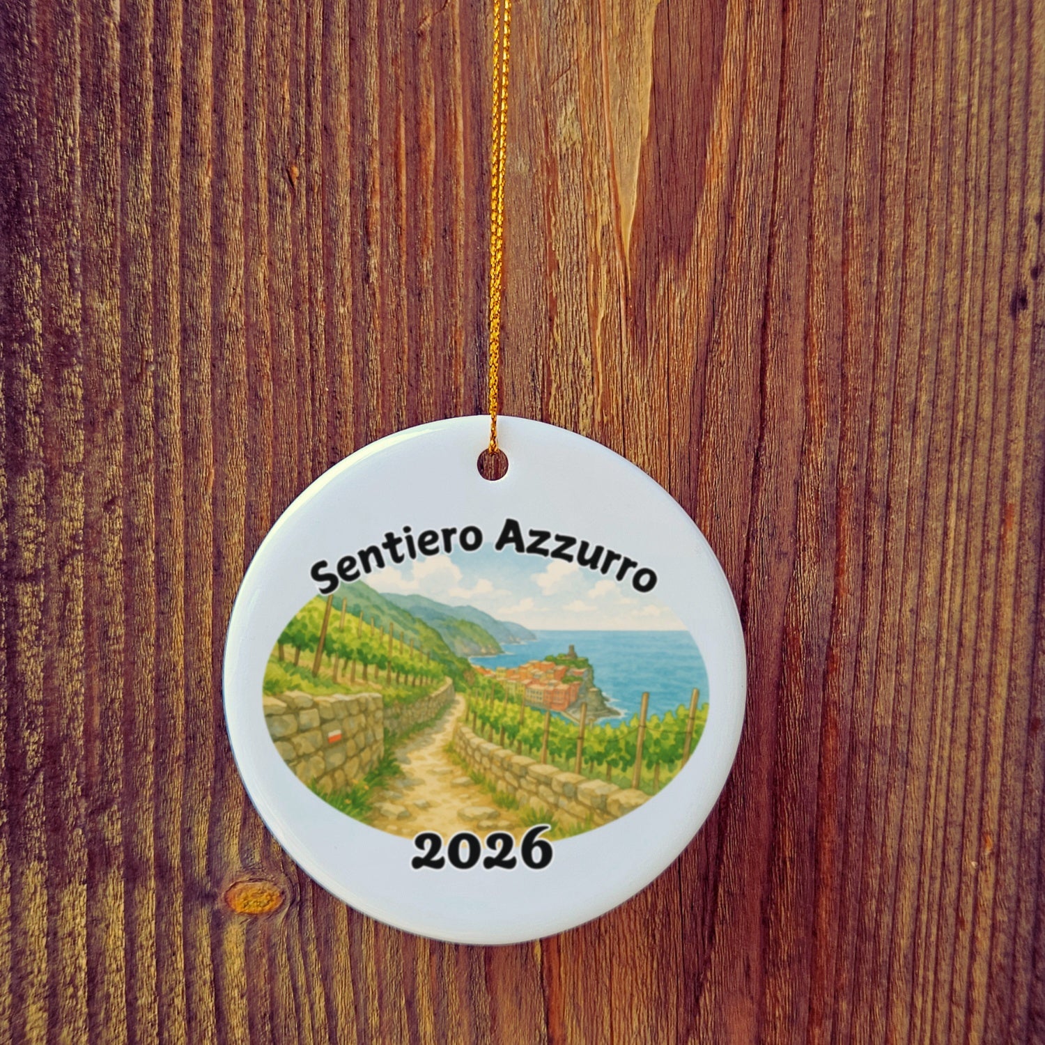 Basic version of Sentiero Azzurro ornament in front of wooden door.