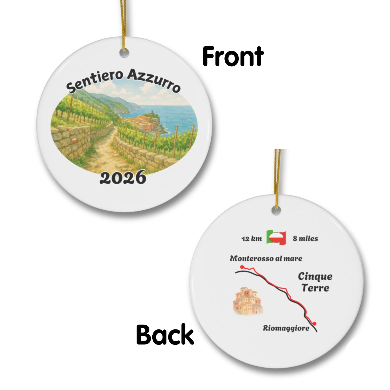 Sentiero Azzurro ornament mockup (front & back), 2026.