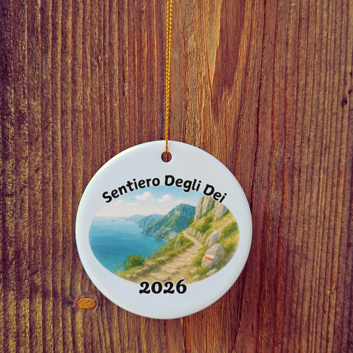 Basic version of Sentiero degli Dei ornament in front of wooden door.