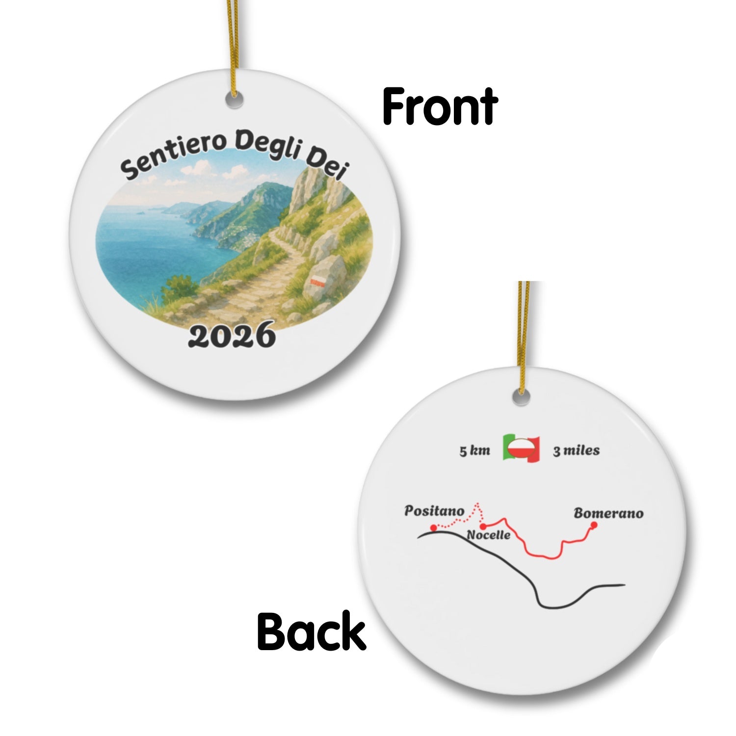 Sentiero degli Dei ornament mockup (front & back), 2026.
