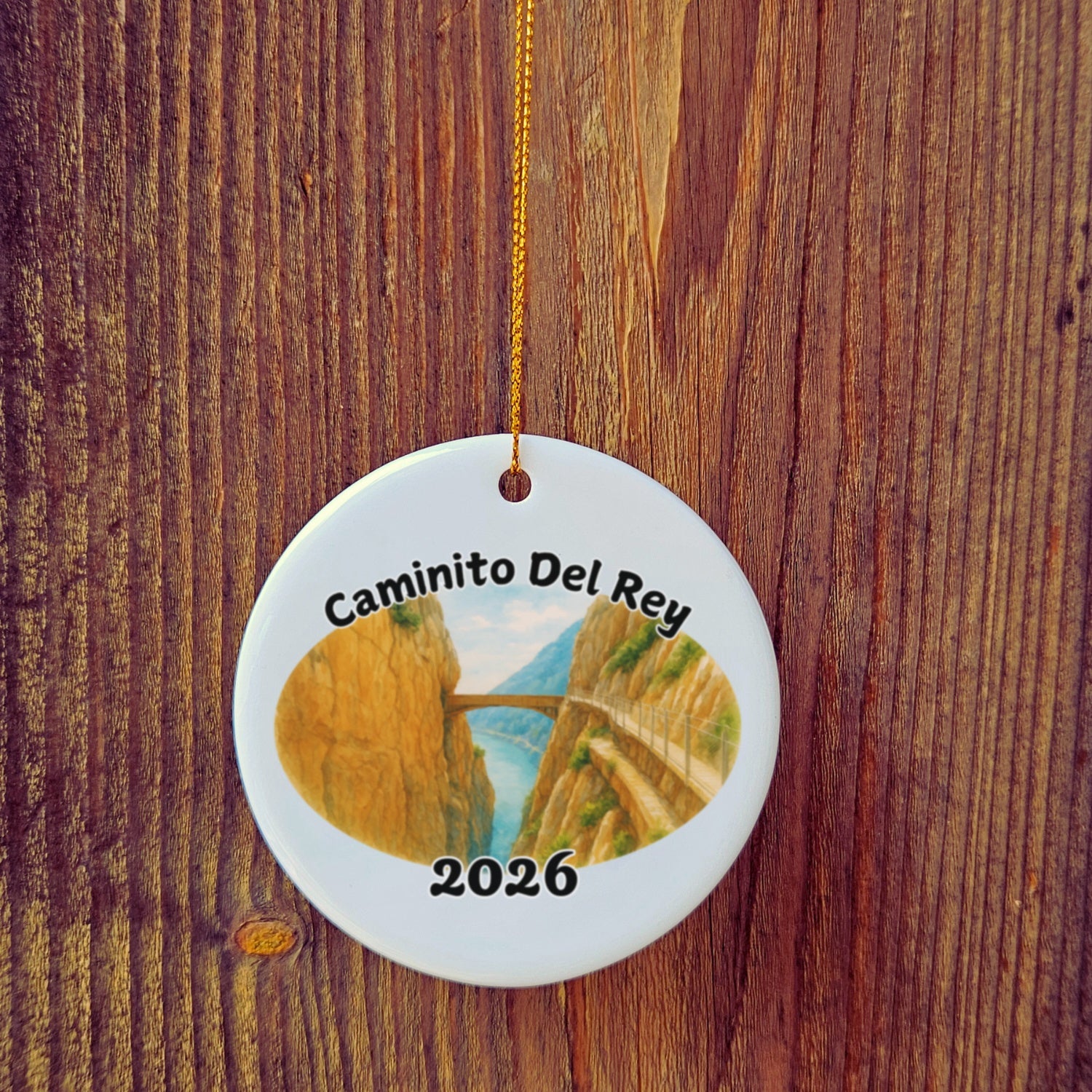 Basic version of Caminito del Rey ornament in front of wooden door.
