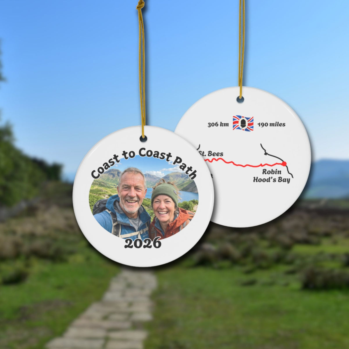 Coast to Coast Path ceramic ornament with a personal photo front, shown front and back against the trail landscape.