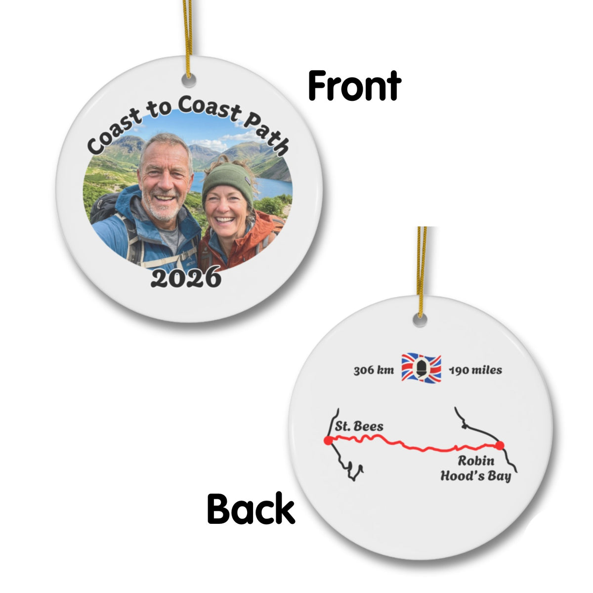 Coast to Coast Path ornament mockup (front & back), 2026.