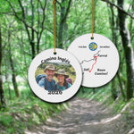 Camino Inglés ceramic ornament with a personal photo front, shown front and back against the trail landscape.