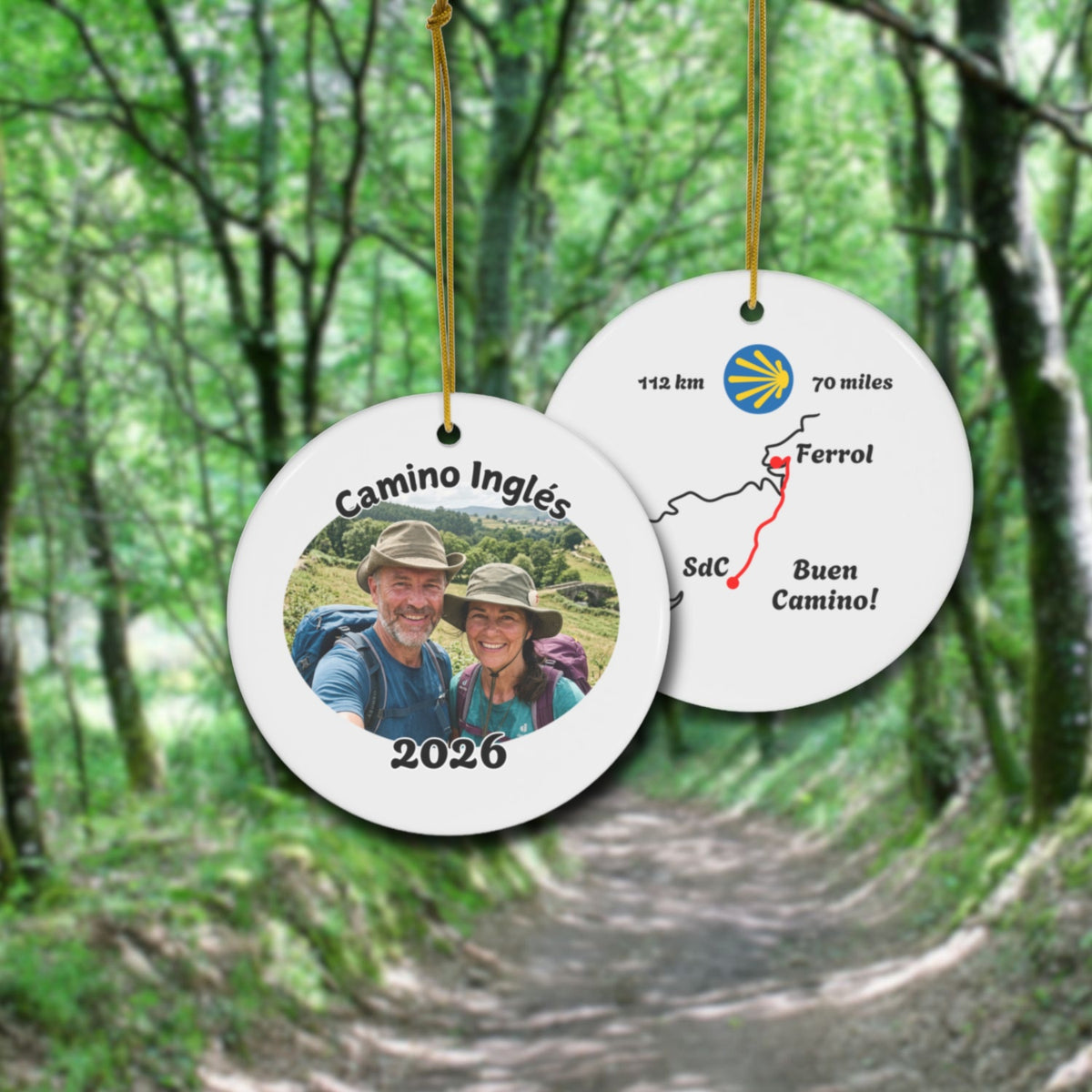 Camino Inglés ceramic ornament with a personal photo front, shown front and back against the trail landscape.
