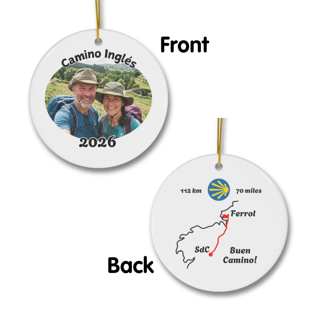 Camino Inglés ornament mockup (front & back), 2026.